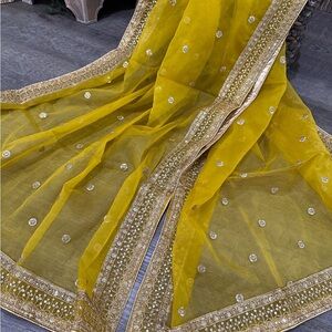 Ornate Yellow Scarf with Gold Embroidery